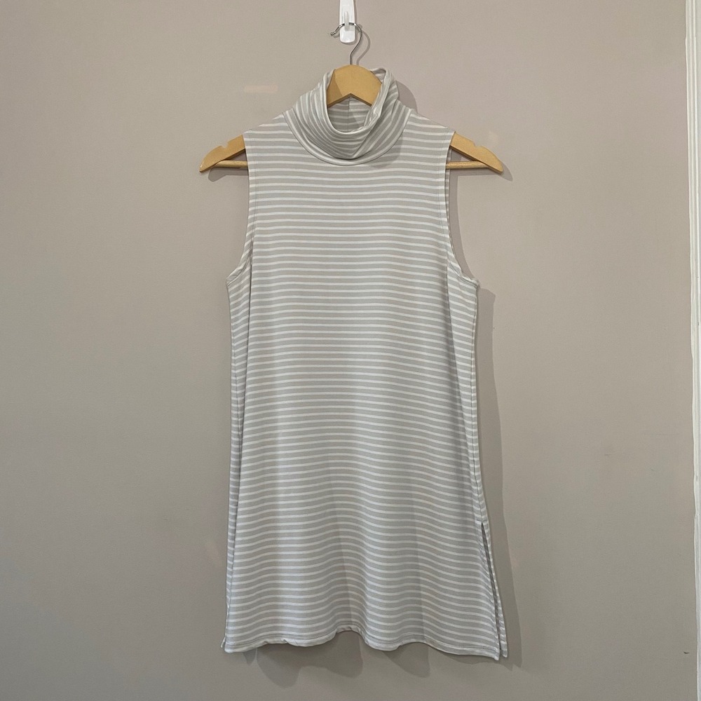 Garnet Hill Womens Small Gray White Striped Tencel Turtleneck Sleeveless Tunic